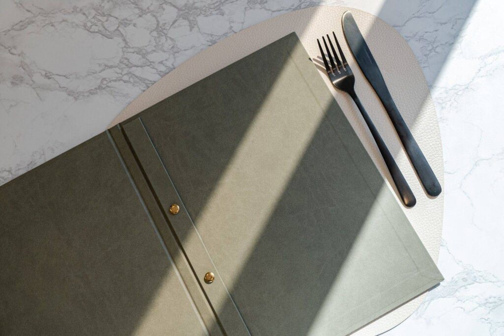 hard cover menu food delmare