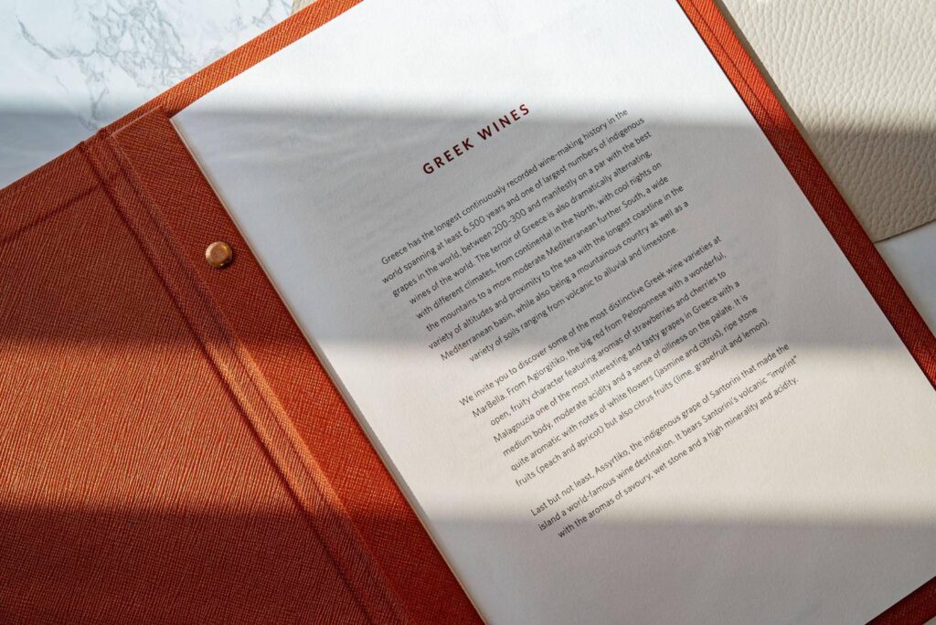 hard cover menu wine saffron marbella