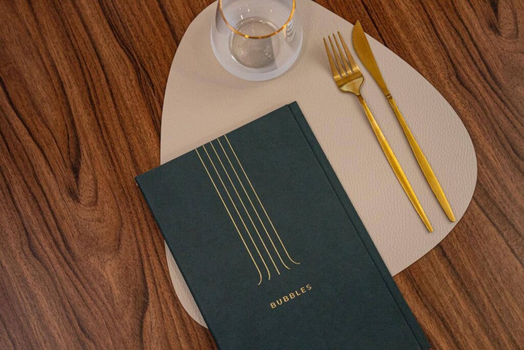 hard cover menu wine bubbles olivar