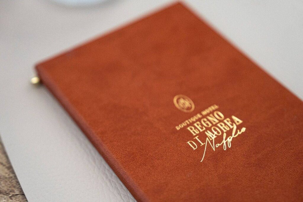 hard cover menu wine regno di morea