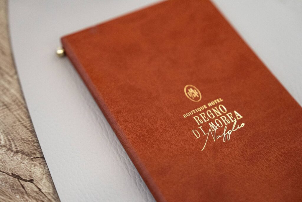 hard cover menu wine regno di morea